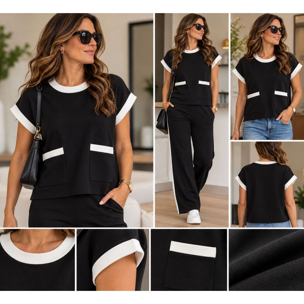 Black White Contrast Trim Knit Top Cap Sleeve Pockets Medium NWOT